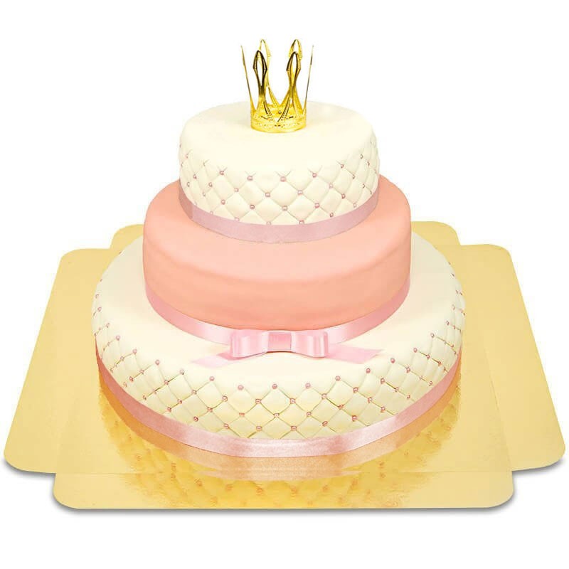 Gâteau de baptème ou naissance rose pastel avec bébé et noeud vegan