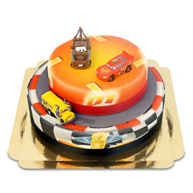 Cars 2 - Figurines Flash McQueen, Miss Fritter et Martin sur gâteau 2 étages