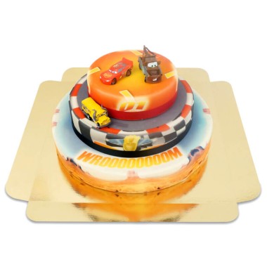 Cars® 3 - Figurines Flash® McQueen, Miss Fritter et Martin sur gâteau 3 étages avec rubans