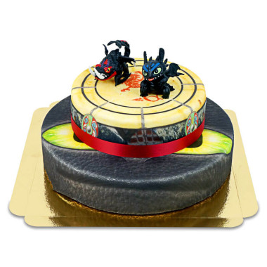 Dragon et ses amis sur gâteau 2 étages avec ruban