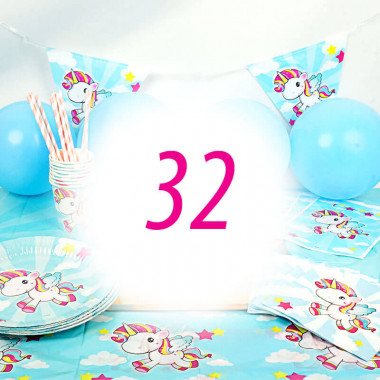 Kit anniversaire Licorne - 32 enfants (gâteau non inclu)
