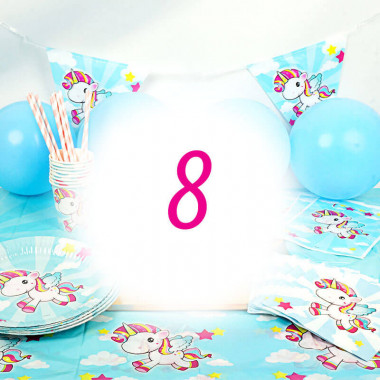 Kit anniversaire Licorne - 8 enfants (gâteau non inclu)