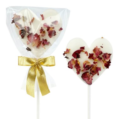 Sucettes blanches en forme de cœur avec pétales de rose (10 pièces)