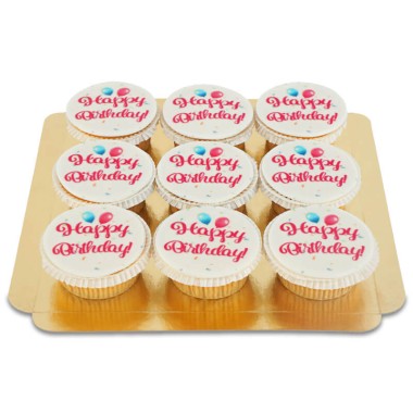Cupcakes roses "Joyeux Anniversaire" (9 pièces)