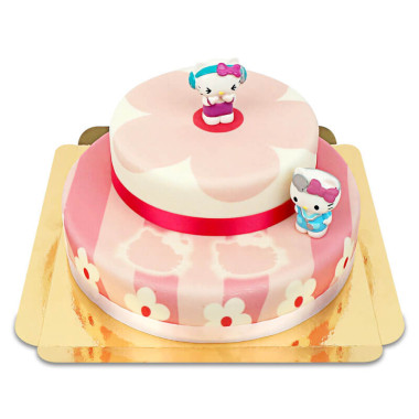 Figurines Hello Kitty sur gâteau fleurs roses (2 étages)  