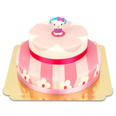 Figurines Hello Kitty sur gâteau fleurs roses (2 étages)  