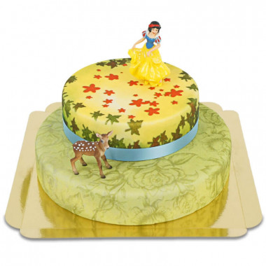 Figurine Blanche-Neige sur son gâteau conte de fées à deux étages