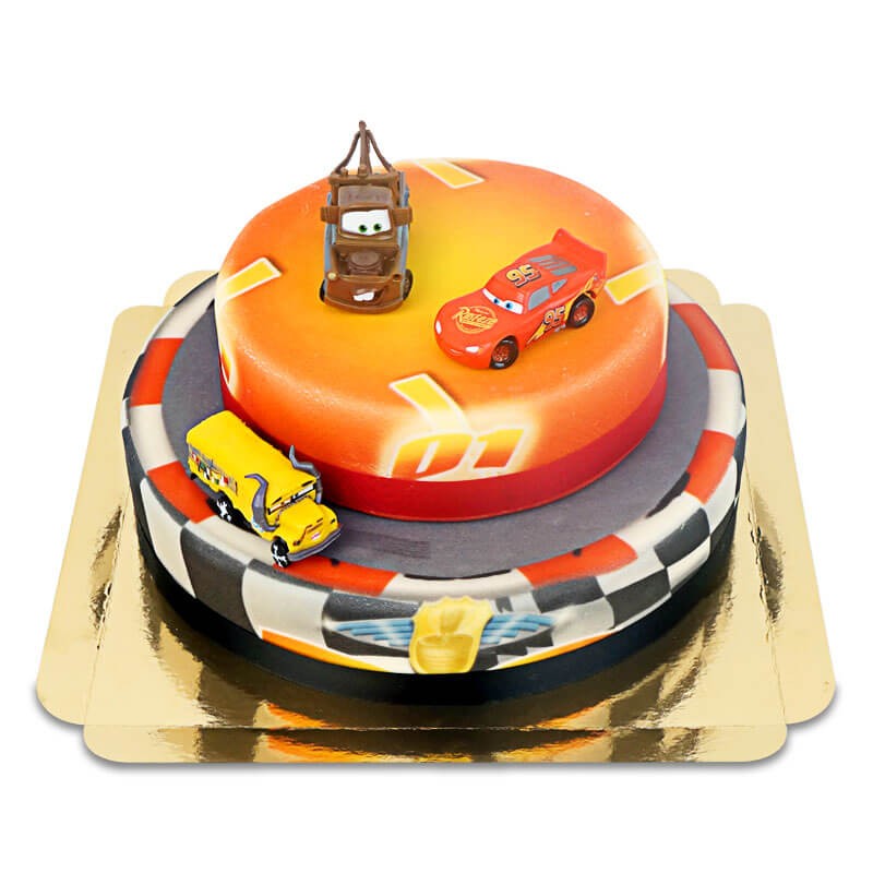Cars 2 - Figurines Flash McQueen, Cruz Ramirez et Martin sur gâteau 2 étages