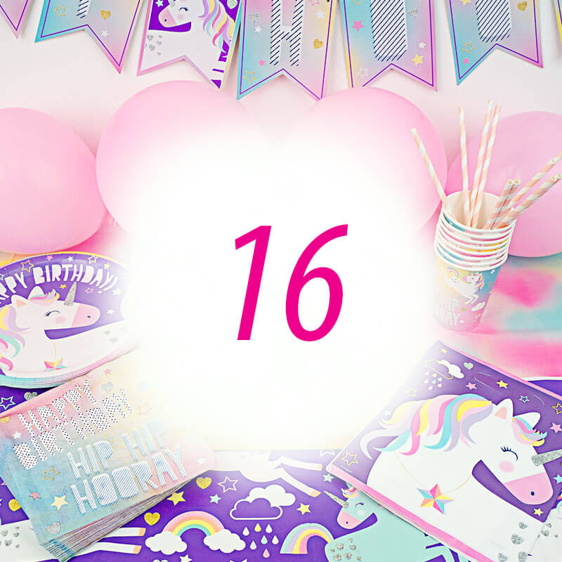 Kit anniversaire Licorne - 16 enfants (gâteau non inclu)