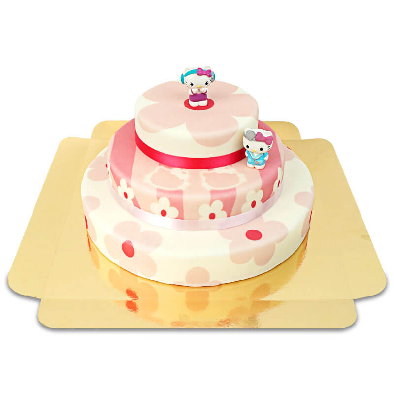 Figurine Hello Kitty sur gâteau à fleurs roses à 3 étages