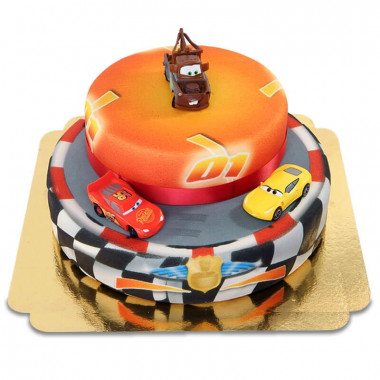 Cars 2 - Figurines Flash McQueen, Cruz Ramirez et Martin sur gâteau 2 étages