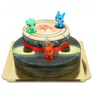 Dragon et ses amis sur gâteau 2 étages avec ruban