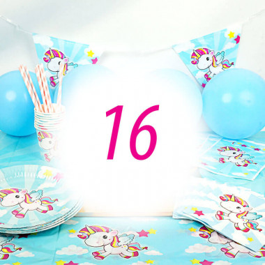 Kit anniversaire Licorne - 16 enfants (gâteau non inclu)