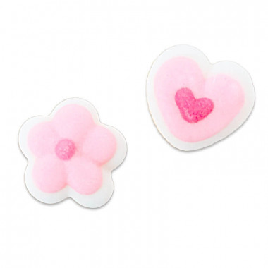 Mini-coeurs et fleurs roses en sucre, env. 1 cm (24 pièces)
