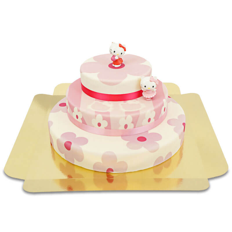 Figurine Hello Kitty sur gâteau à fleurs roses à 3 étages