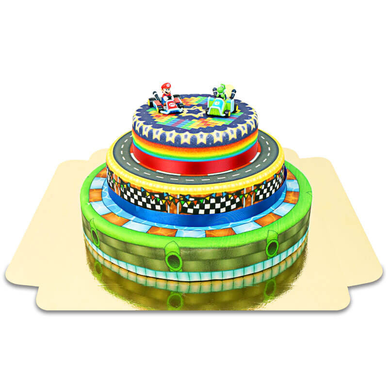Mario Kart auf dreistöckiger Weltenstrecken-Torte